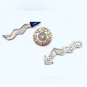 Vintage Silver Southwestern Pins Brooches - Zig Zag Arrows - Sun Disk - Obsidian